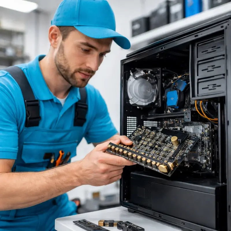 Мастер устанавливает звуковую карту на ПК в Азове